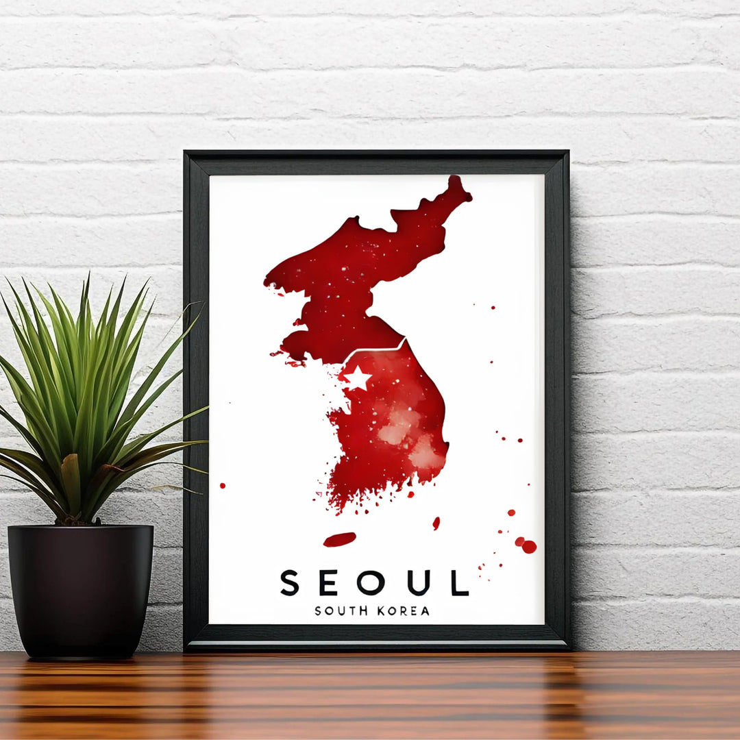 Fine art geographic watercolor poster celebrating the peninsula silhouette and capital marker of Seoul, South Korea, available from MapYourDreams in options like unframed paper prints, custom wooden frames, and canvas that bring vibrant artistic beauty to any interior space.