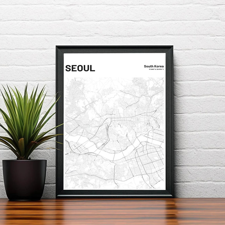 Stylized black and white seoul street grid print with clean geographic header text, produced by MapYourDreams in flexible choices including unframed poster prints, natural wood frames, and canvas wraps tailored to enhance modern bedroom, workspace, or entryway wall arrangements.