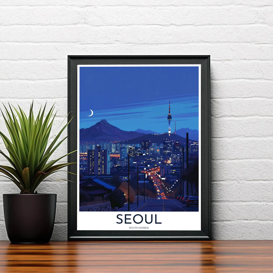 Fine art vector travel poster highlighting the lit spire of N Seoul Tower above the evening metropolis, available from MapYourDreams in options like unframed paper prints, custom wooden frames, and canvas that add refined nocturnal beauty to any home gallery wall layout.
