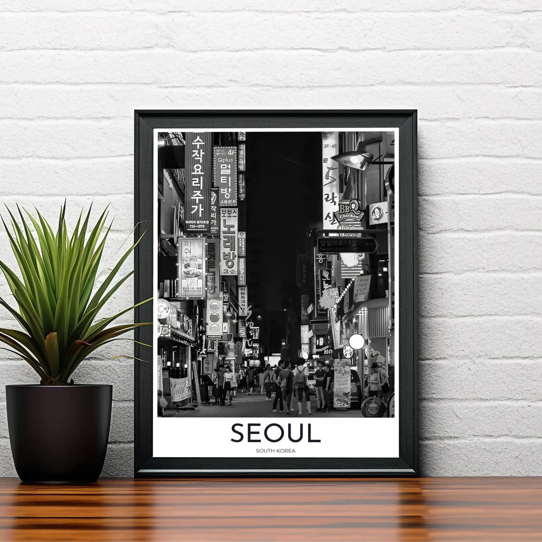 Urban night alley decor print displaying a candid black and white street view of Seoul South Korea&