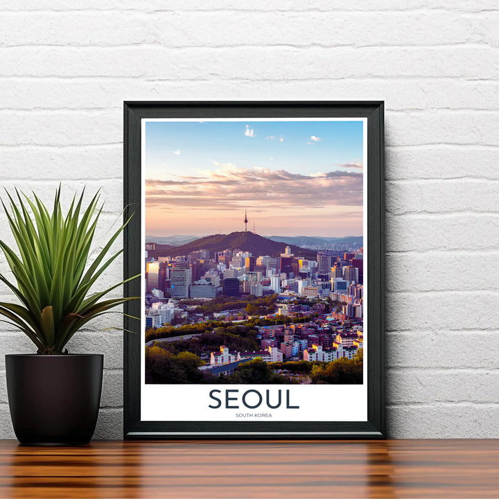 Elegant peach and cyan travel wall art featuring N Seoul Tower and golden hour city light reflections in Seoul South Korea, curated by MapYourDreams across unframed archival paper, natural wood frames, and gallery stretched canvas to deliver premium quality print aesthetics.