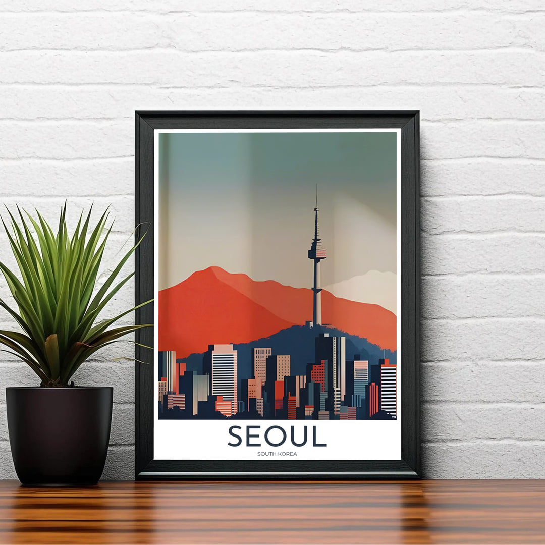 Retro minimalist urban landscape decor print displaying a clean geometric view of Seoul South Korea&