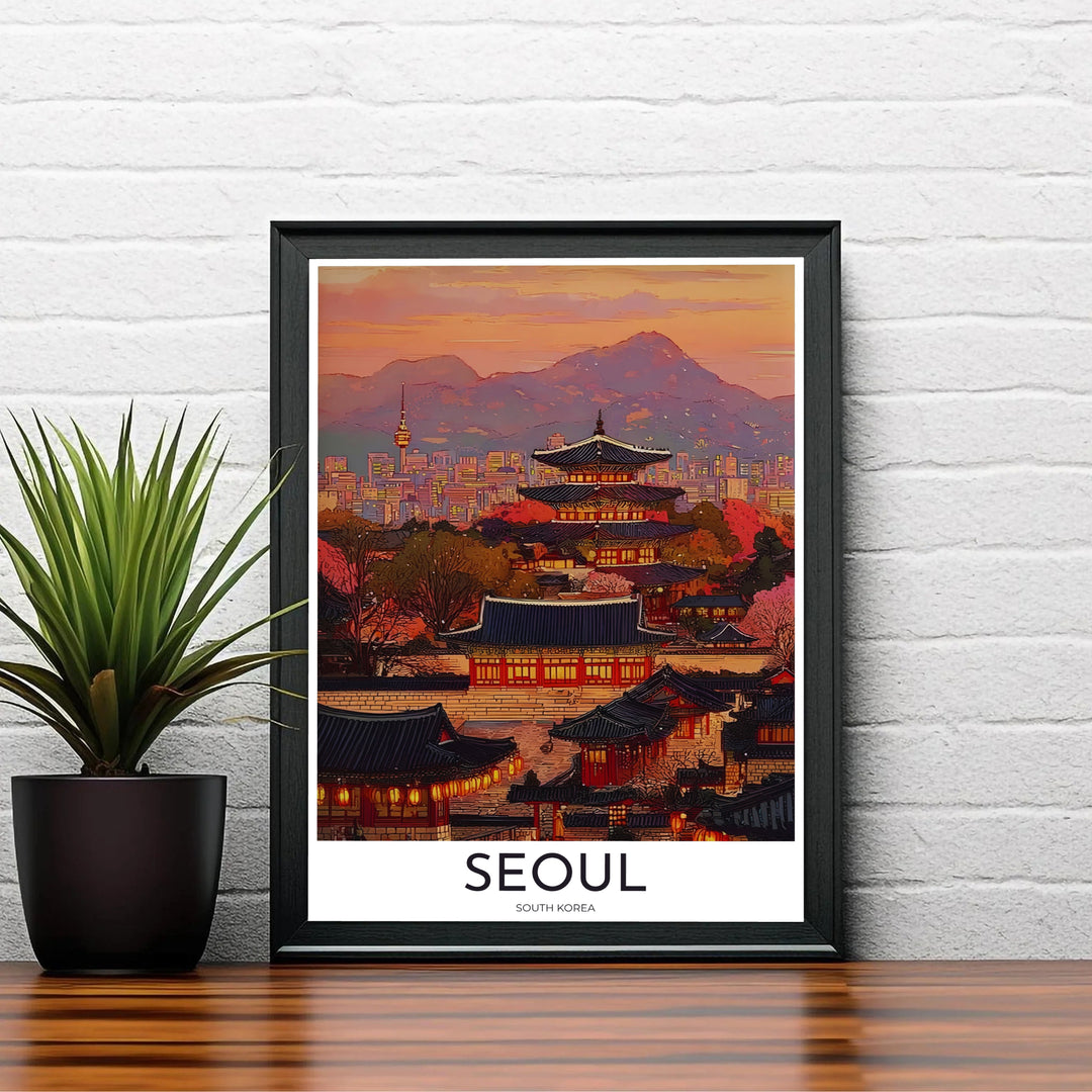 Evening urban landscape decor print displaying a peaceful twilight view of Seoul South Korea&