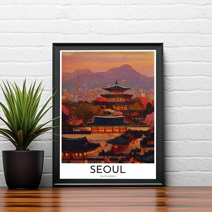 Evening urban landscape decor print displaying a peaceful twilight view of Seoul South Korea&