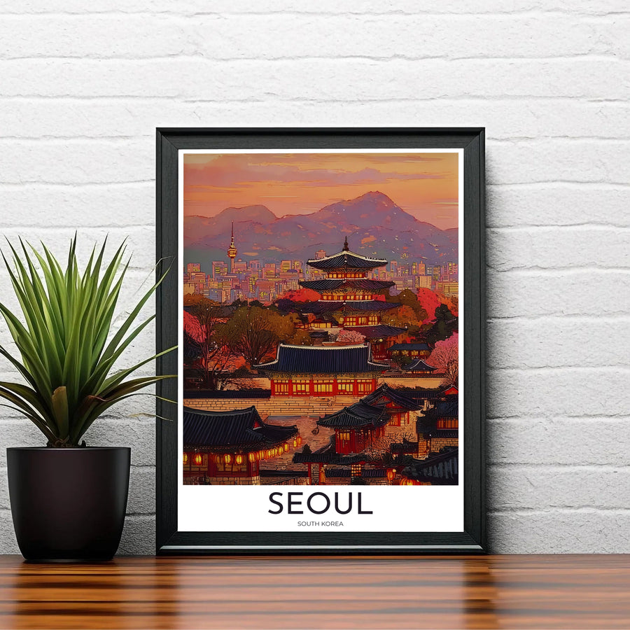 Evening urban landscape decor print displaying a peaceful twilight view of Seoul South Korea&