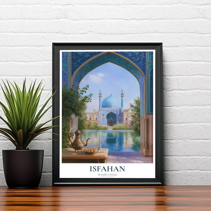 Elegant Iran travel poster showing the Shah Mosque in Isfahan framed by a classical Persian archway and sunlit courtyard gardens. Created by MapYourDreams, this artwork is available in flexible options including unframed paper, custom wooden frames, and gallery canvas wraps for bedroom wall art.