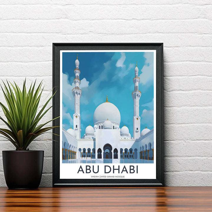 Elegant UAE travel poster showing Sheikh Zayed Grand Mosque architecture in Abu Dhabi framed by blue water reflecting pools and sky. Created by MapYourDreams, this artwork is available in flexible options including unframed paper, custom wooden frames, and gallery canvas wraps for bedroom wall art.