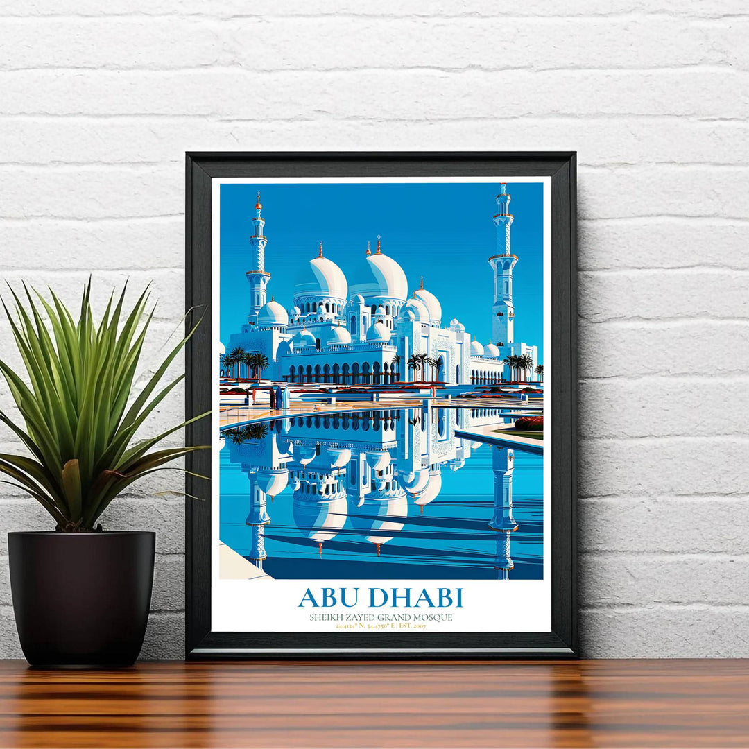 Elegant UAE travel poster showing Sheikh Zayed Grand Mosque architecture in Abu Dhabi with symmetrical water pool reflections and blue skies. Created by MapYourDreams, this artwork is available in flexible options including unframed paper, custom wooden frames, and gallery canvas wraps for bedroom wall art.