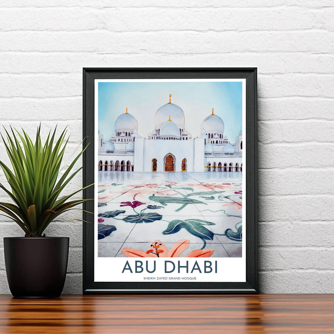 Elegant UAE travel poster showing Sheikh Zayed Grand Mosque architecture in Abu Dhabi with detailed marble courtyard floor lilies and vines. Created by MapYourDreams, this artwork is available in flexible options including unframed paper, custom wooden frames, and gallery canvas wraps for bedroom wall art.