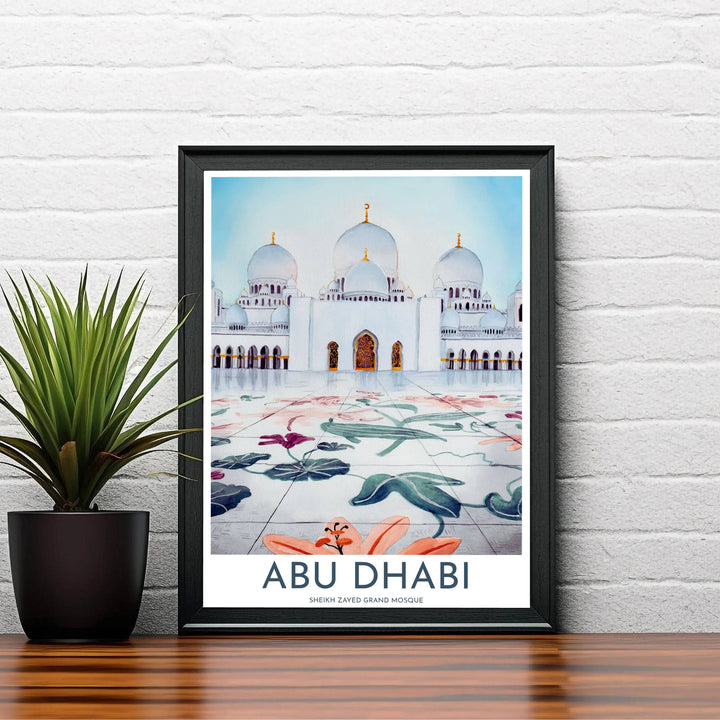 Elegant UAE travel poster showing Sheikh Zayed Grand Mosque architecture in Abu Dhabi with detailed marble courtyard floor lilies and vines. Created by MapYourDreams, this artwork is available in flexible options including unframed paper, custom wooden frames, and gallery canvas wraps for bedroom wall art.
