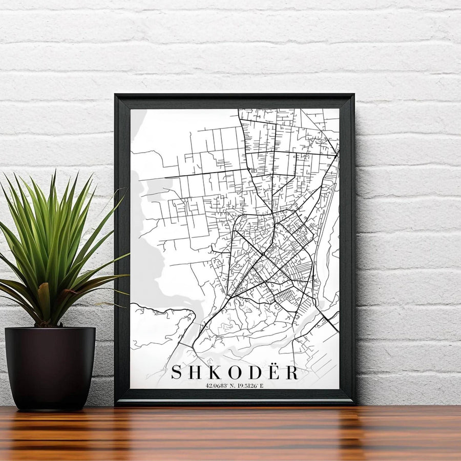 Clean black vector linework creates a striking cartographic layout of the Shkodër region in Albania on a bright white archival print surface. Order this artwork in your preferred style, such as an unframed paper print, a sleek wood frame, or a stretched canvas wrap.