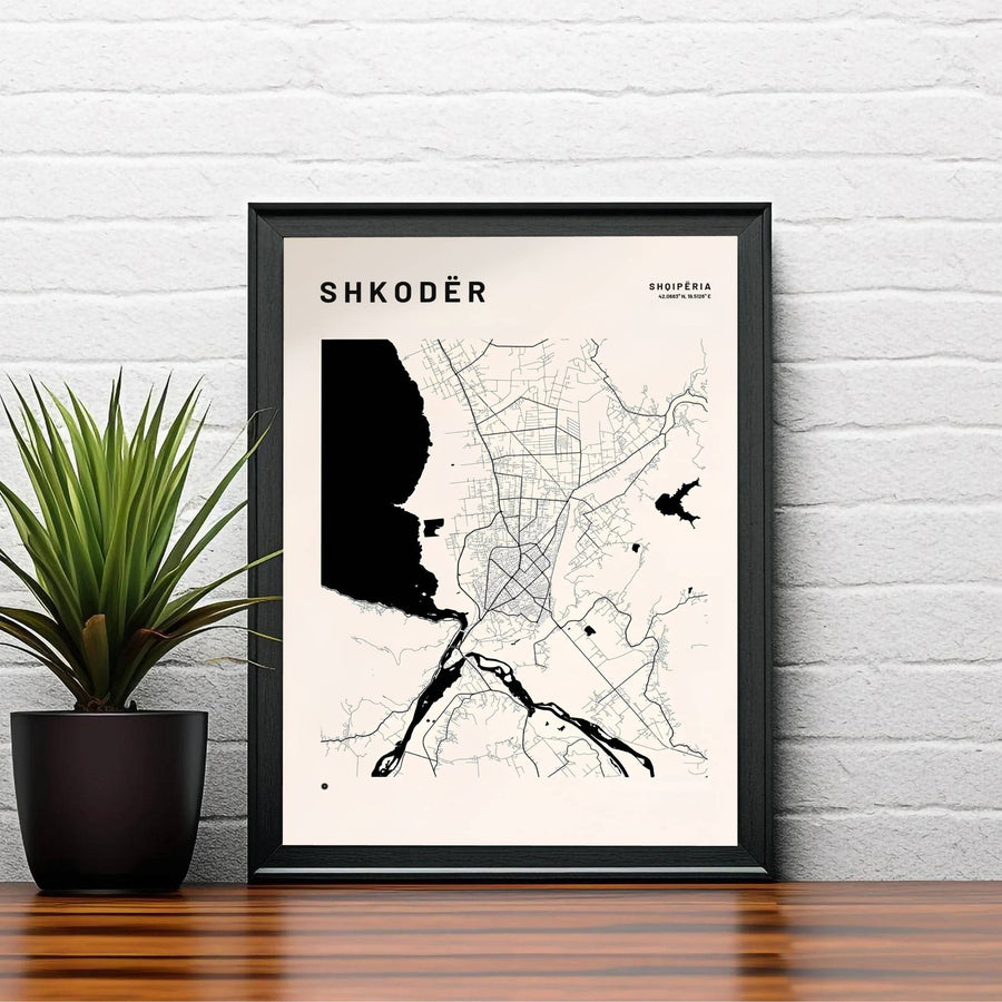 Clean black vector linework and solid water shapes create a striking cartographic layout of the Shkodër region on a soft off-white archival print surface. Order this artwork in your preferred style, such as an unframed paper print, a sleek wood frame, or a stretched canvas wrap.