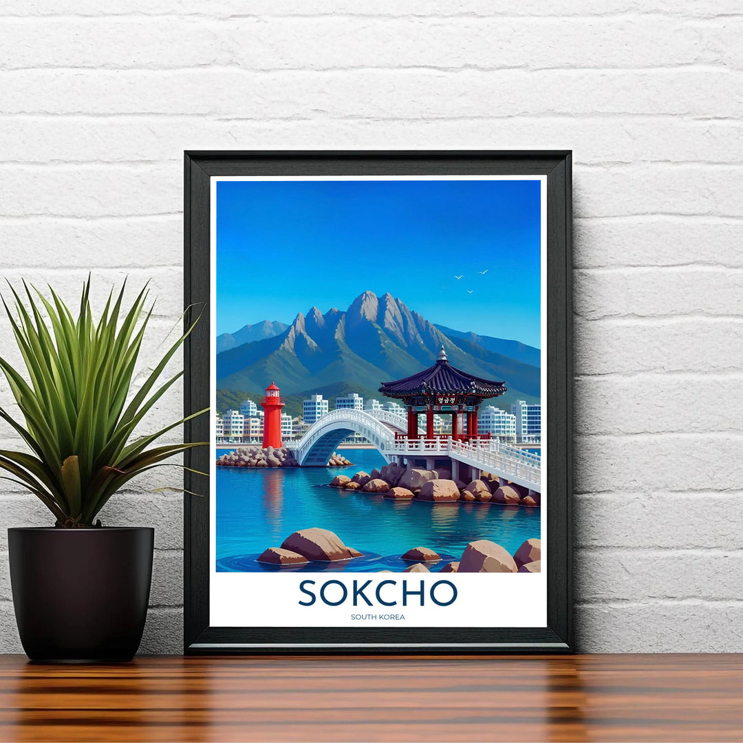 Coastal landscape decor print displaying a bright sunny view of Sokcho South Korea&