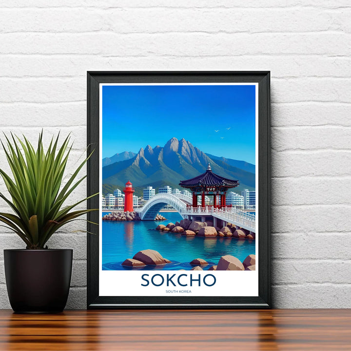 Coastal landscape decor print displaying a bright sunny view of Sokcho South Korea&