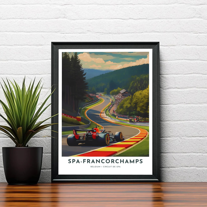 Artistic representation of the famous Eau Rouge curve at Spa-Francorchamps circuit in Belgium with stylized green tree lines. Offered by MapYourDreams, this artwork is available in flexible options including unframed paper, custom wooden frames, and gallery canvas wraps.