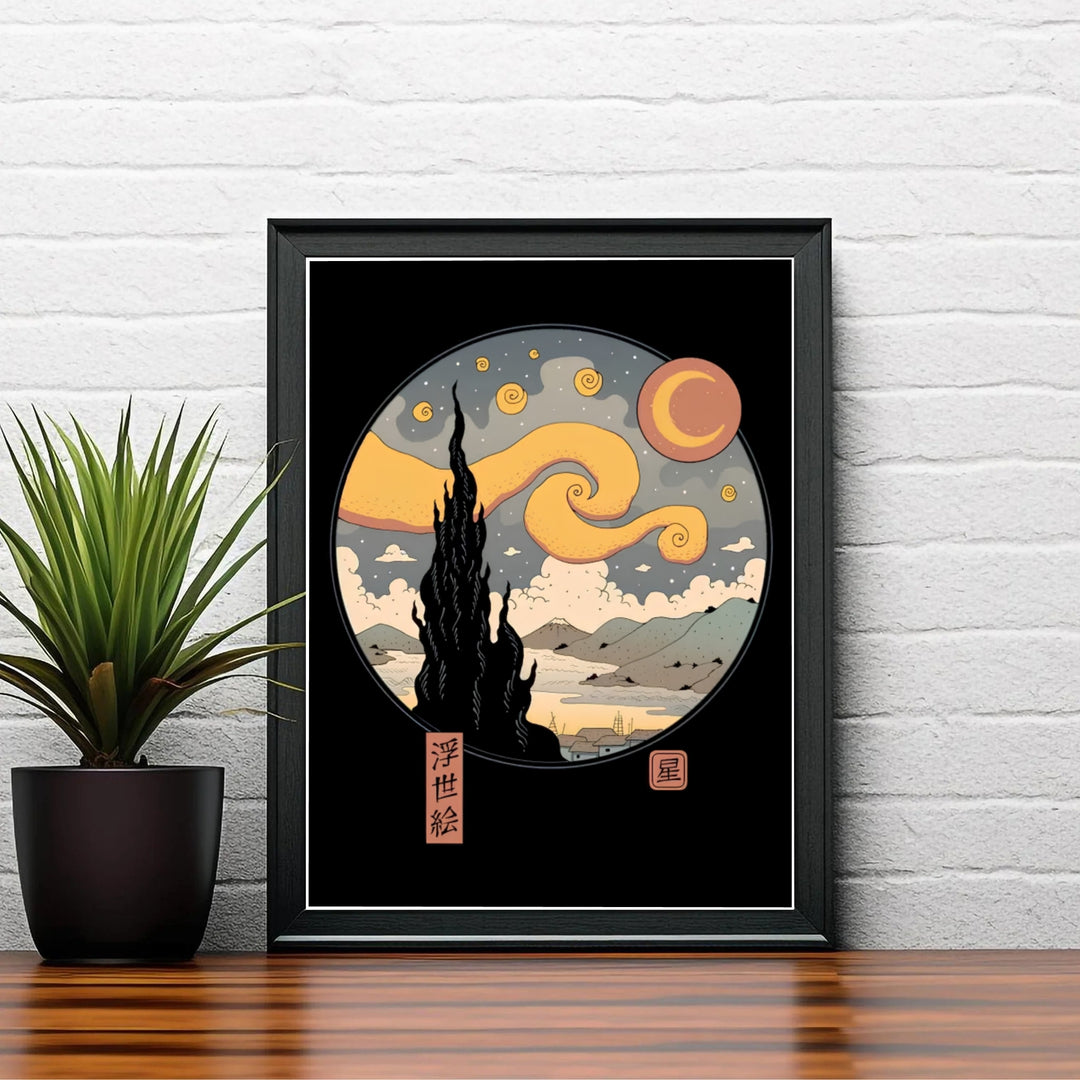 Oriental style fine art poster print of Vincent van Gogh Starry Night Ukiyo E 1889 with cypress tree silhouettes over Saint-Rémy-de-Provence and Mount Fuji. MapYourDreams delivers archival framed wall art, unframed fine art paper prints, and gallery canvas prints for dynamic bedroom decor setups.