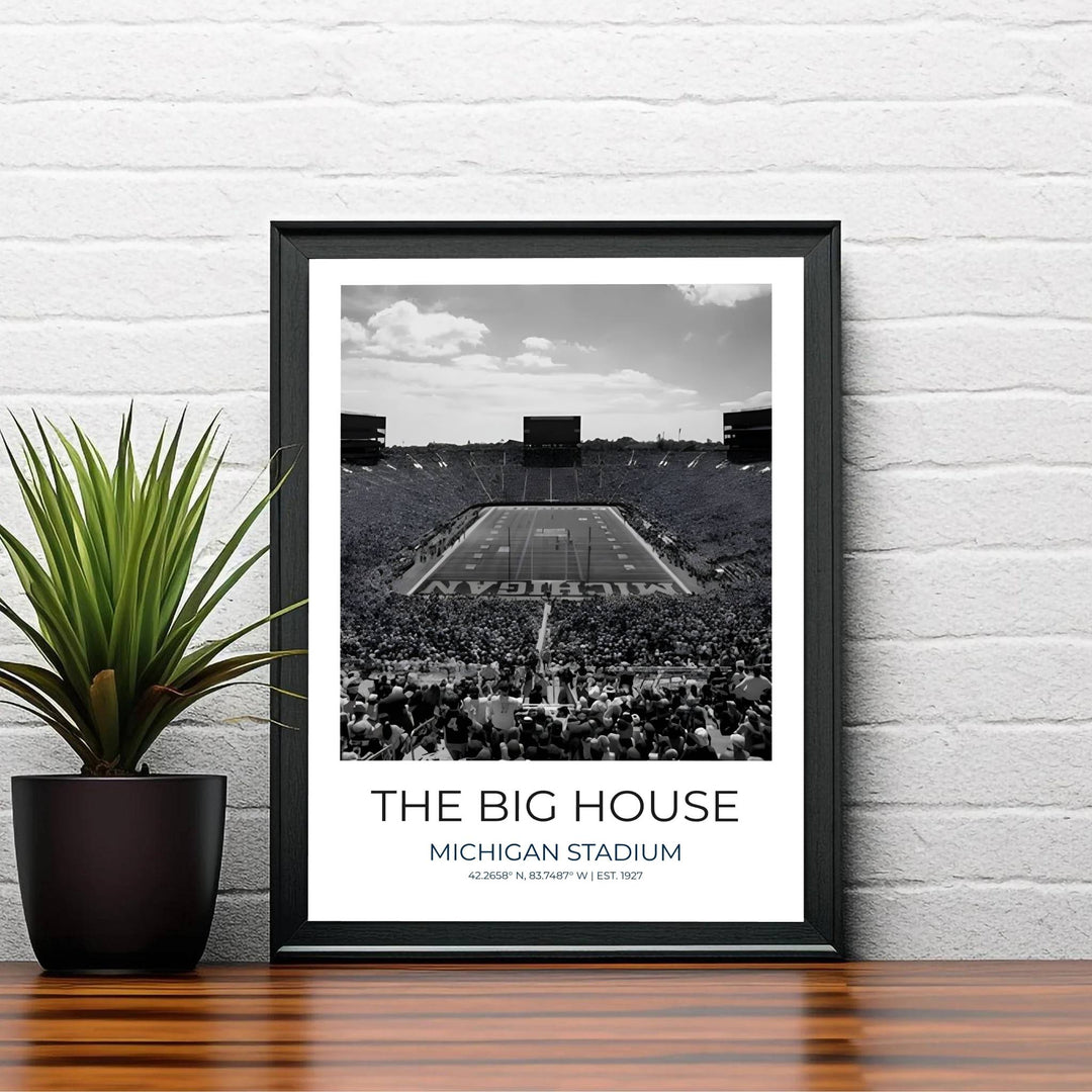 Elegant monochrome travel poster showing The Big House Michigan Stadium from high end zone seating looking toward the field. Created by MapYourDreams, this artwork is available in flexible options including unframed paper, custom wooden frames, and gallery canvas wraps for bedroom wall art.