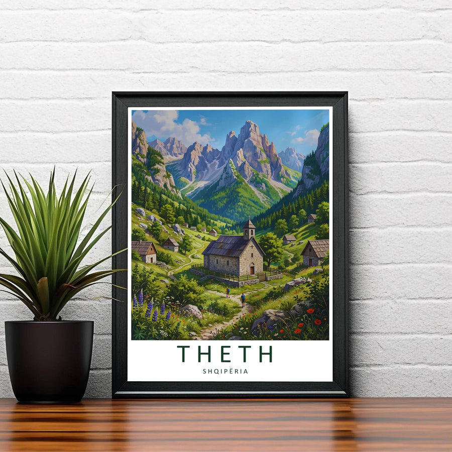 Warm mountain sunlight bathes the stone walls and wooden shingle roof of the Theth church in this picturesque illustration of northern Albania. Order this print as an unframed paper print, a sleek wood frame, or a gallery-wrapped canvas wrap to match your interior color scheme.