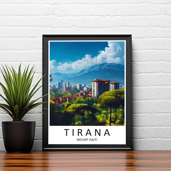 Warm morning sunlight bathes the reflective tower windows and distant mountain peaks of Tirana in this mid-century style travel illustration. Order this print as an unframed paper print, a sleek wood frame, or a gallery-wrapped canvas wrap to match your interior color scheme.