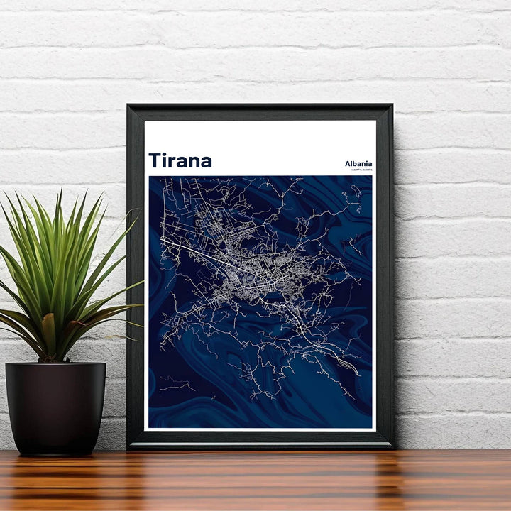 Clean white vector linework creates a striking vertical cartographic layout of the Tirana region in Albania on a deep navy marble archival print surface. Order this artwork in your preferred style, such as an unframed paper print, a sleek wood frame, or a stretched canvas wrap.