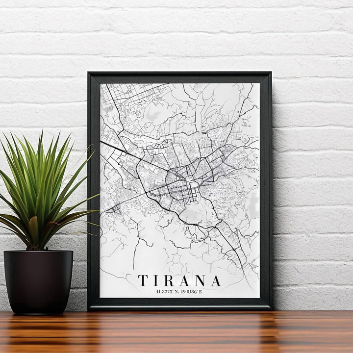 Clean black vector linework creates a striking vertical cartographic layout of the Tirana region in Albania on a warm off-white archival print surface. Order this artwork in your preferred style, such as an unframed paper print, a sleek wood frame, or a stretched canvas wrap.