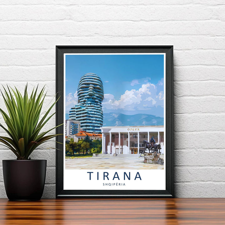 Warm morning sunlight bathes the reflective tower windows and historic Opera House colonnade of Tirana in this modern style travel illustration. Order this print as an unframed paper print, a sleek wood frame, or a gallery-wrapped canvas wrap to match your interior color scheme.