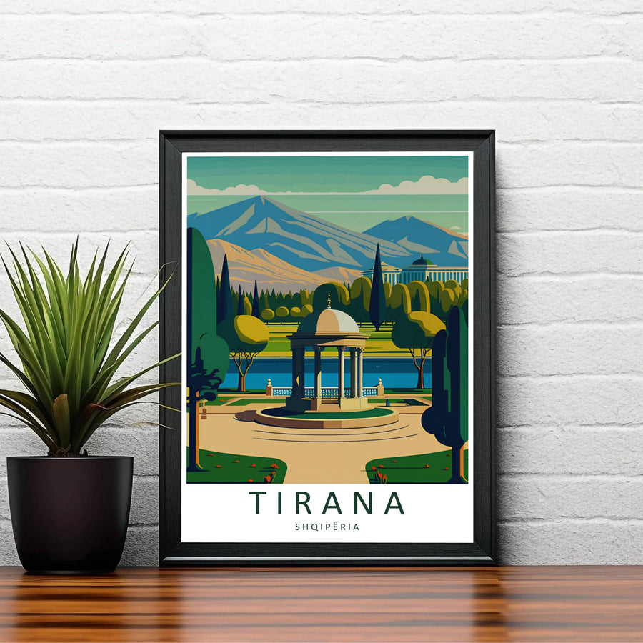 Warm morning sunlight bathes the stone plaza and elegant gazebo of Tirana&