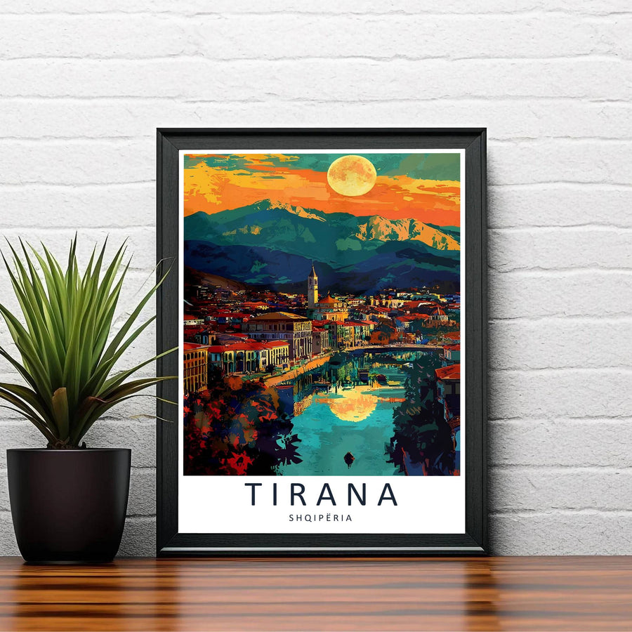 Warm evening sunlight bathes the historic clock tower and glowing streets of Tirana in this expressive painting illustration of Albania&