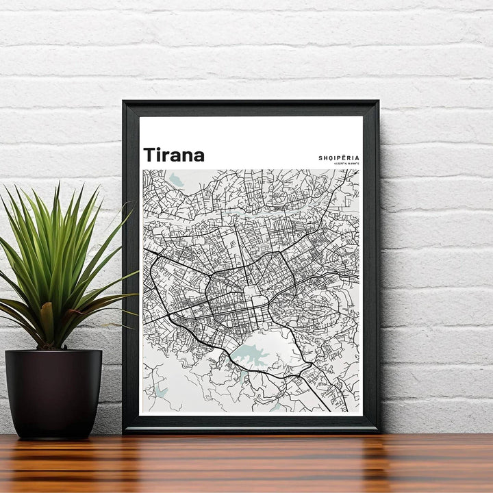 Clean black vector linework creates a striking vertical cartographic layout of the Tirana region in Albania on a warm grey archival print surface. Order this artwork in your preferred style, such as an unframed paper print, a sleek wood frame, or a stretched canvas wrap.