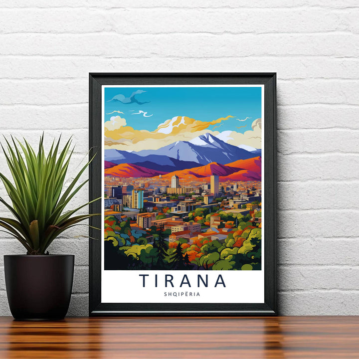 Warm sunset sunlight bathes the reflective tower windows and glowing mountain peaks of Tirana in this mid-century style travel illustration. Order this print as an unframed paper print, a sleek wood frame, or a gallery-wrapped canvas wrap to match your interior color scheme.