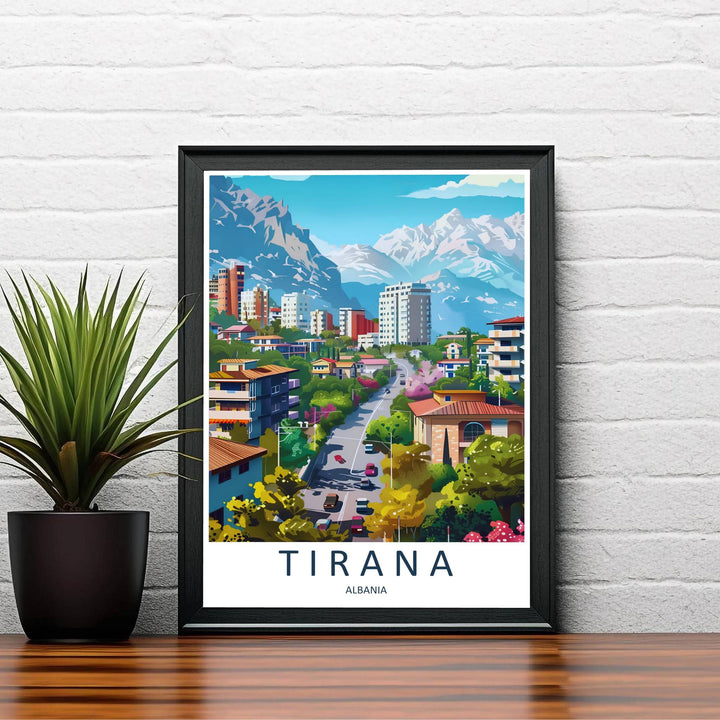 Warm daytime sunlight bathes the reflective windows and glowing alpine peaks of Tirana in this mid-century style travel illustration. Order this print as an unframed paper print, a sleek wood frame, or a gallery-wrapped canvas wrap to match your interior color scheme.