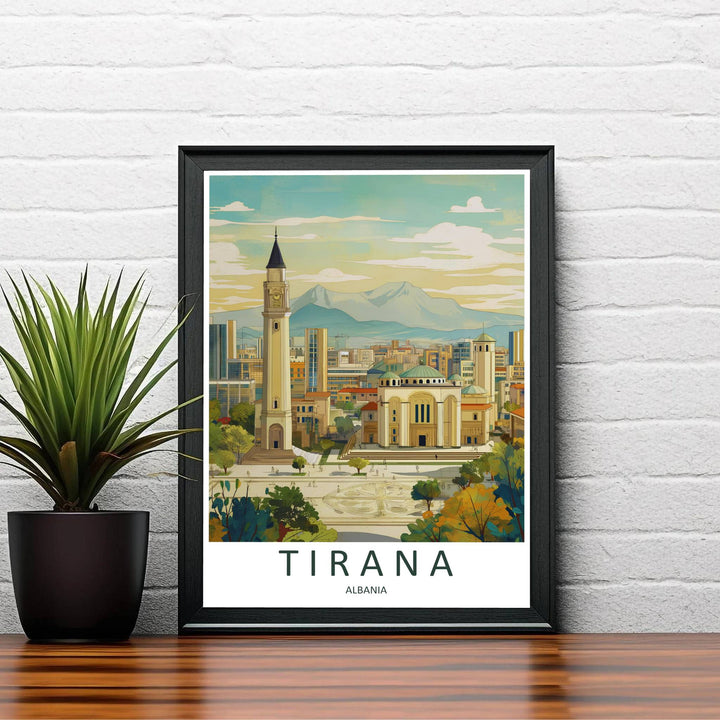 Warm daytime sunlight bathes the grand central dome and soaring bell tower of Tirana&