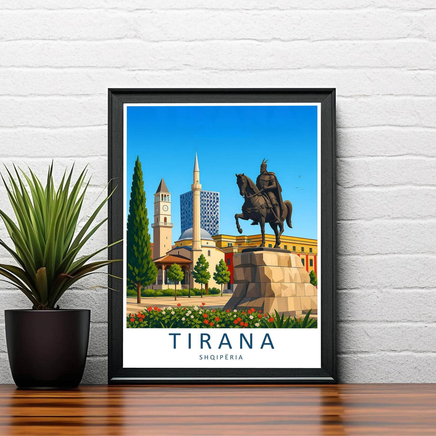 Warm daytime sunlight bathes the bronze equestrian statue and historic clock tower of Tirana in this contemporary vector style travel illustration. Order this print as an unframed paper print, a sleek wood frame, or a gallery-wrapped canvas wrap to match your interior color scheme.