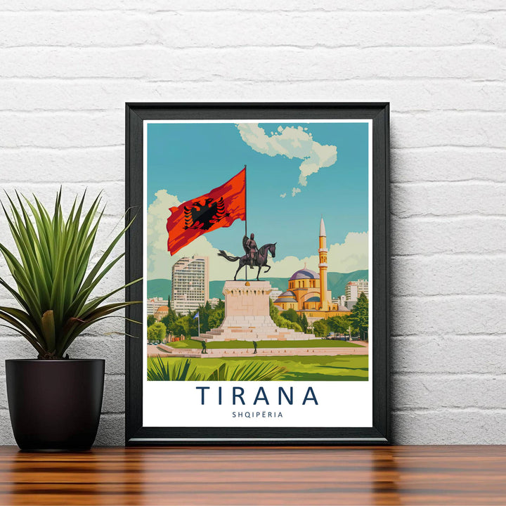 Warm daytime sunlight bathes the bronze equestrian statue and billowing double-headed eagle flag of Tirana in this contemporary vector style travel illustration. Order this print as an unframed paper print, a sleek wood frame, or a gallery-wrapped canvas wrap to match your interior color scheme.
