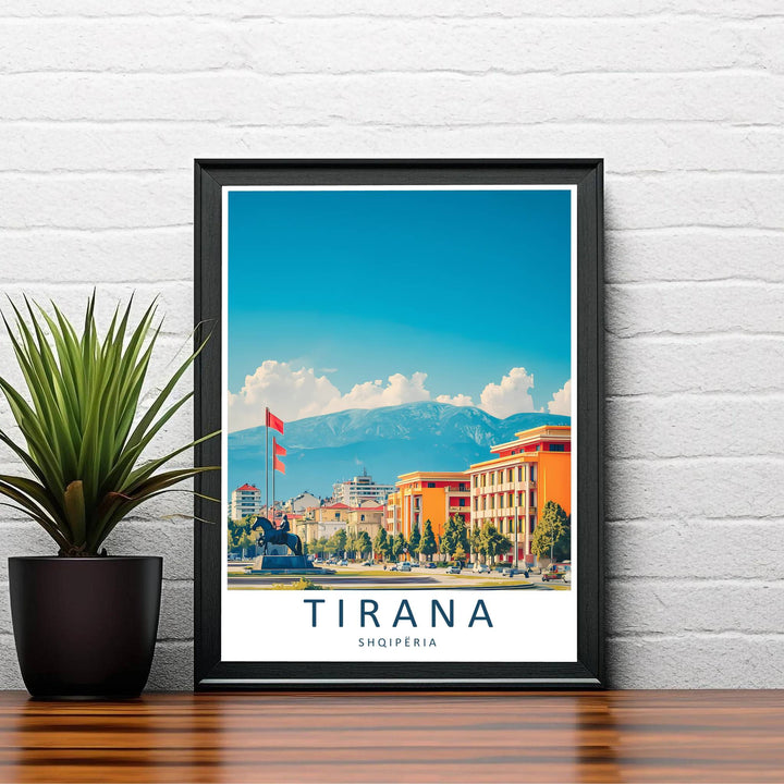 Warm daytime sunlight bathes the urban thoroughfares and monumental backdrop of Mount Dajti in Tirana in this contemporary vector style travel illustration. Order this print as an unframed paper print, a sleek wood frame, or a gallery-wrapped canvas wrap to match your interior color scheme.