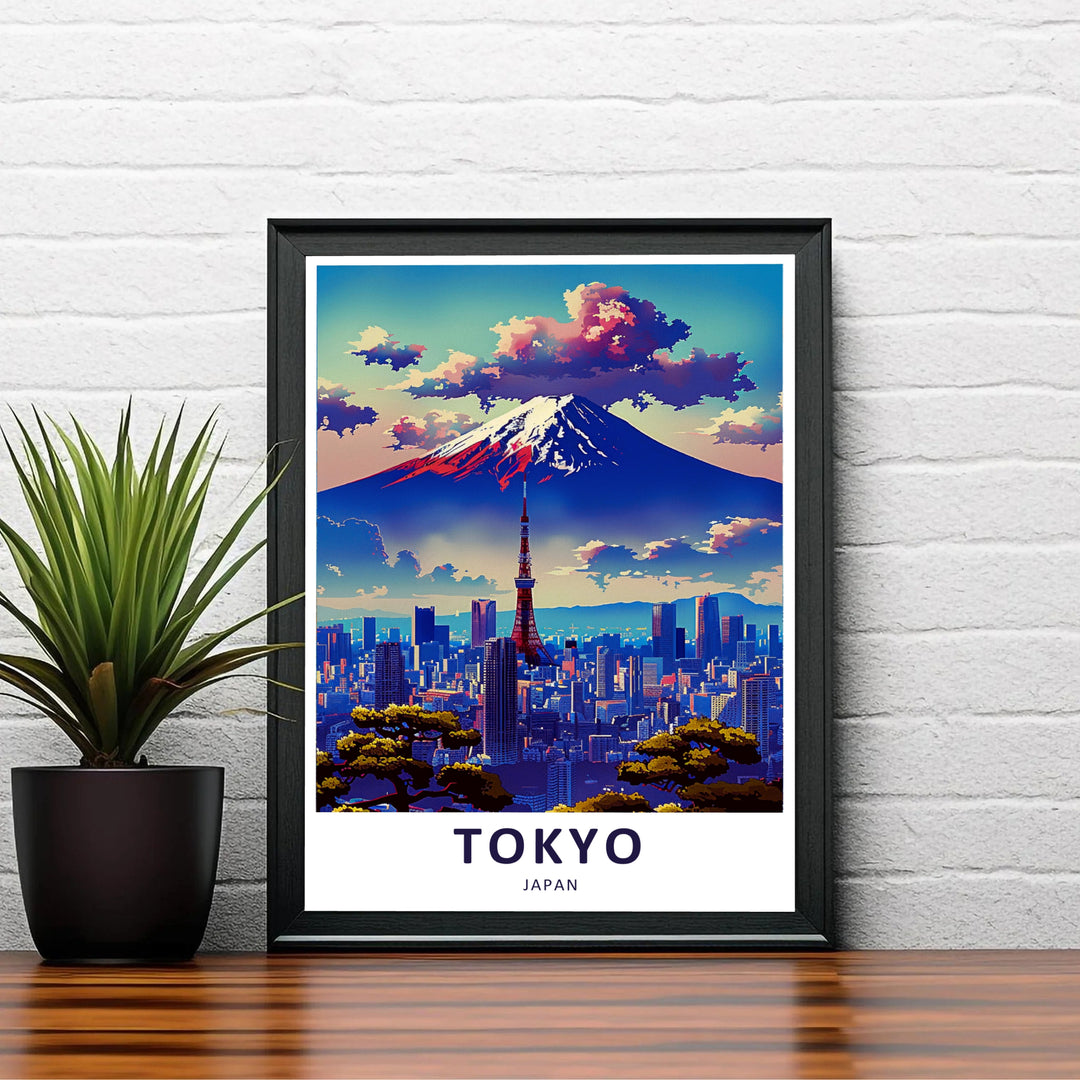 Panoramic Tokyo Japan skyline view print featuring majestic Mount Fuji and illuminated metropolitan buildings. Offered by MapYourDreams, this artwork is available in flexible options including unframed paper, custom wooden frames, and gallery canvas wraps.