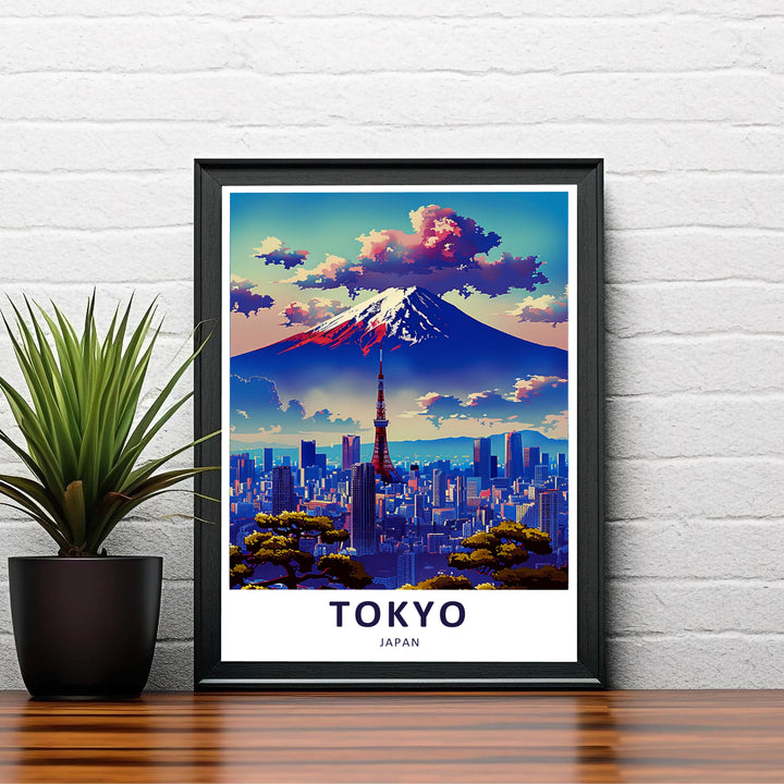 Panoramic Tokyo Japan skyline view print featuring majestic Mount Fuji and illuminated metropolitan buildings. Offered by MapYourDreams, this artwork is available in flexible options including unframed paper, custom wooden frames, and gallery canvas wraps.