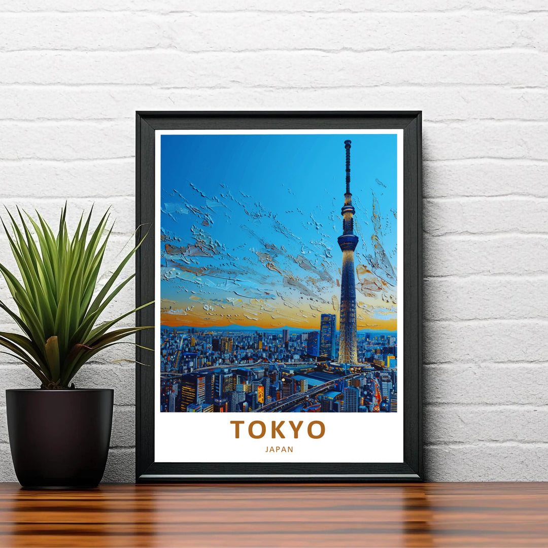 Modern Japanese travel poster capturing Tokyo Skytree and vast cityscape architecture in vibrant colors. Offered by MapYourDreams, this artwork is available in flexible options including unframed paper, custom wooden frames, and gallery canvas wraps.