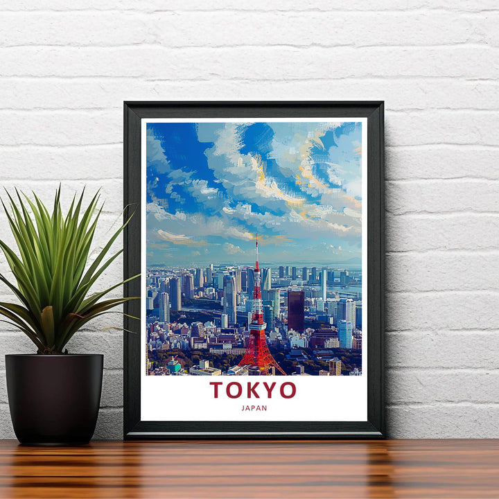 High-angle Tokyo Japan skyline view print featuring the iconic lattice tower and dense urban landscape. Offered by MapYourDreams, this artwork is available in flexible options including unframed paper, custom wooden frames, and gallery canvas wraps.