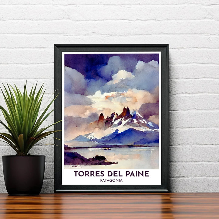 Highlighting the iconic granite horns of Patagonia shrouded in mist, this Torres del Paine print delivers a mesmerizing fine art painting aesthetic, available at MapYourDreams in versatile unframed paper, solid wood framed, and canvas display styles.