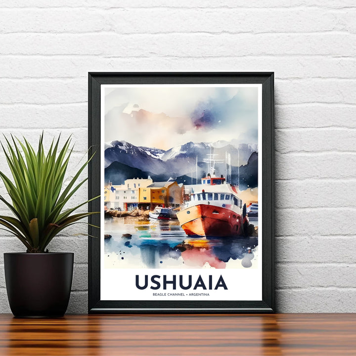 Highlighting the iconic port of Tierra del Fuego backed by snow-dusted mountains, this Ushuaia port print delivers an inspiring coastal watercolor aesthetic, available at MapYourDreams in versatile unframed paper, solid wood framed, and canvas display styles.