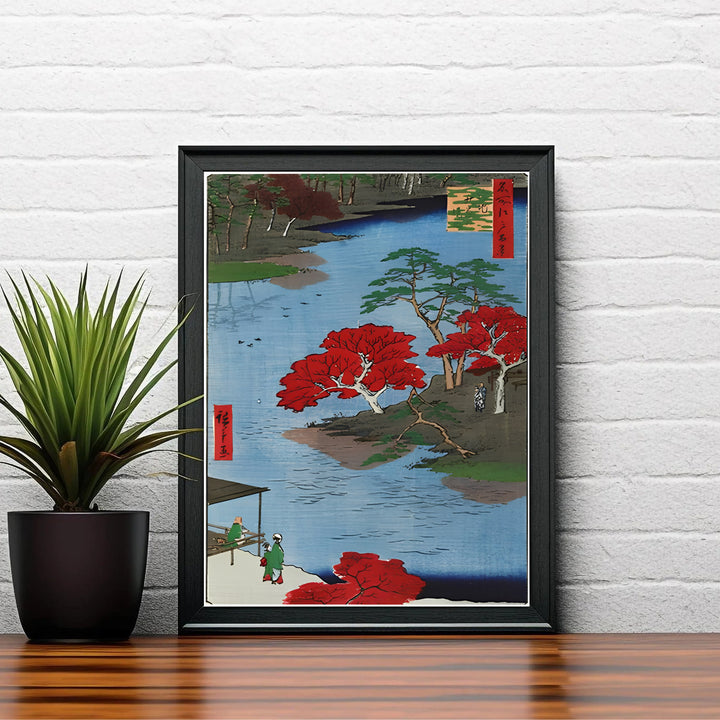 Vintage Japanese woodblock poster Akiba Shrine Ukeji by artist Utagawa Hiroshige displaying red cartouches and maple branches in Akiba Shrine Ukeji. Shop high-definition framed, unframed, and canvas art print options at MapYourDreams.