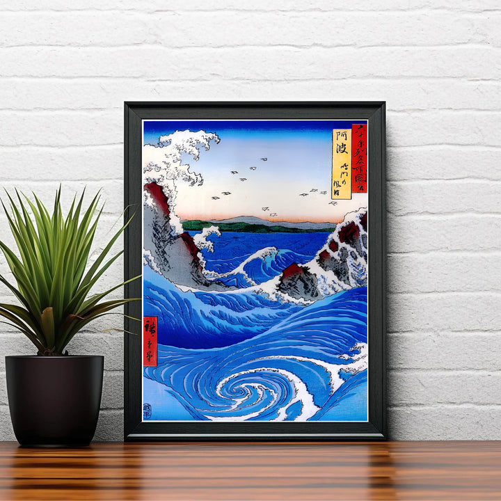 Vintage Japanese woodblock poster Naruto Whirlpool Awa Province by artist Utagawa Hiroshige displaying red cartouches and sea cliffs in Naruto Whirlpool Awa Province. Shop high-definition framed, unframed, and canvas art print options at MapYourDreams.