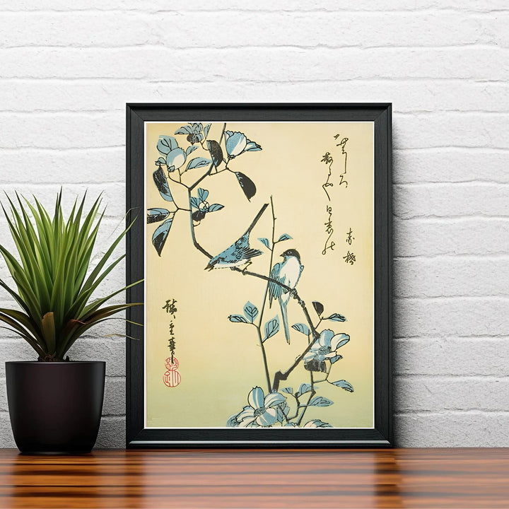 Vintage Japanese woodblock poster Birds Flowering Branch by artist Utagawa Hiroshige displaying red artist seals and floral branches in Edo Botanical Garden. Shop high-definition framed, unframed, and canvas art print options at MapYourDreams.