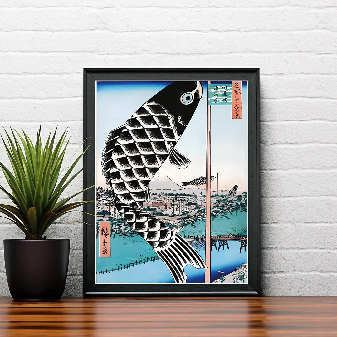 Vintage Japanese woodblock poster Giant Carp Streamer by artist Utagawa Hiroshige displaying red cartouches and blue waters in Mount Fuji Suidō Bridge. Shop high-definition framed, unframed, and canvas art print options at MapYourDreams.