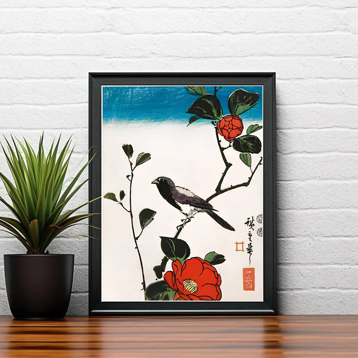 Vintage Japanese woodblock poster Java Sparrow Camellia by artist Utagawa Hiroshige displaying blue sky gradient and seal marks in Kyoto Camellia Garden. Shop high-definition framed, unframed, and canvas art print options at MapYourDreams.