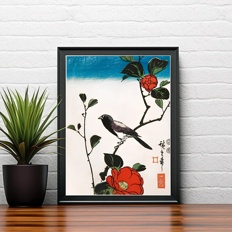 Vintage Japanese woodblock poster Java Sparrow Camellia by artist Utagawa Hiroshige displaying blue sky gradient and seal marks in Kyoto Camellia Garden. Shop high-definition framed, unframed, and canvas art print options at MapYourDreams.