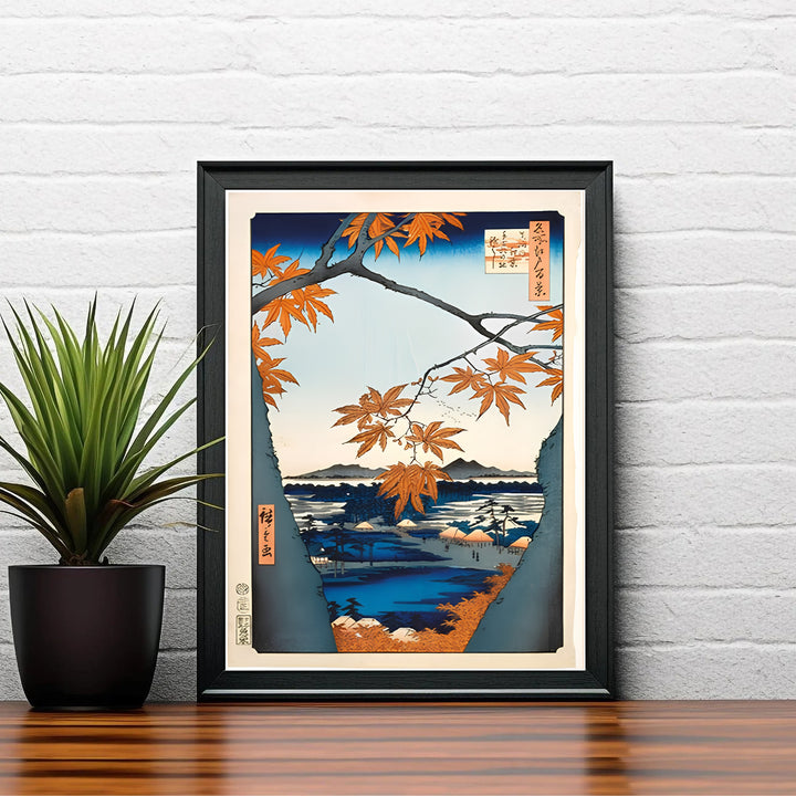 Vintage Japanese woodblock landscape poster Maple Trees at Mama by artist Utagawa Hiroshige displaying horizon sky gradient at Maple Trees at Mama and Tekona Shrine. Shop high-definition framed, unframed, and canvas art print choices at MapYourDreams.