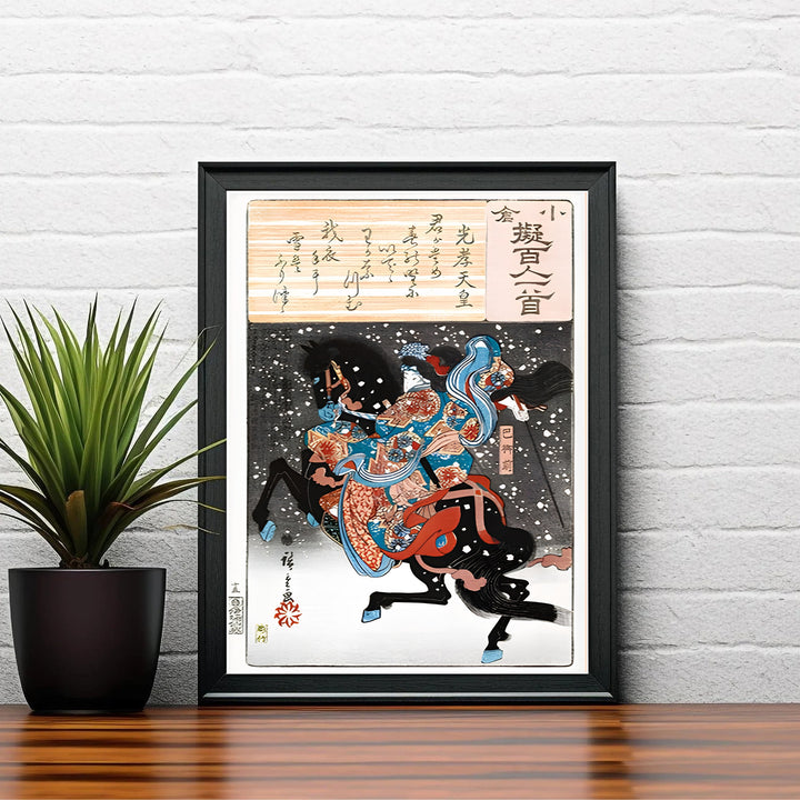 Vintage Japanese woodblock poster Emperor Koko Tomoe Gozen by artist Utagawa Kunisada displaying falling snow and horse rider at Kurikara Pass Battleground. Shop high-definition framed, unframed, and canvas art print options at MapYourDreams.
