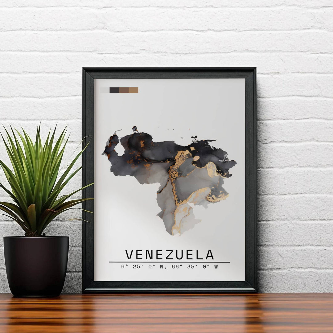 Elegant South American country map poster depicting smoky black ink swirls, gold foil style veins, and national coordinates in a minimalist format. Created by MapYourDreams, this artwork is adaptable for any interior in unframed prints, solid wooden frames, or gallery canvas wraps.